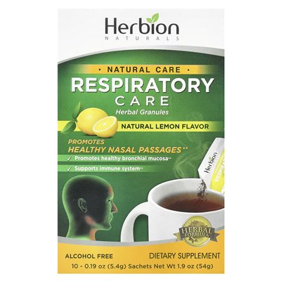 Herbion Naturals, opieka oddechowa, ziołowe granulki, naturalna cytryna, 10 saszetek, 0,19 uncji (5,4 g)