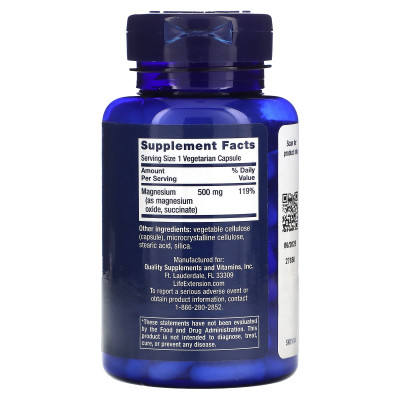 Rozszerzenie życia, czapki magnezowe, 500 mg, 100 kapsułek wegetariańskich