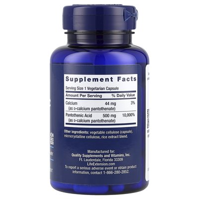 Rozszerzenie życia, kwas pantotenowy, witamina B-5, 500 mg, 100 kapsułek wegetariańskich Rozszerzenie życia, kwas pantotenowy, witamina B-5, 500 mg, 100 kapsułek wegetariańskich