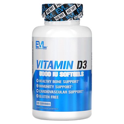 Evlution Nutrition, witamina D3, 5000 IU, 120 softgels
