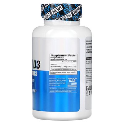 Evlution Nutrition, witamina D3, 5000 IU, 120 softgels