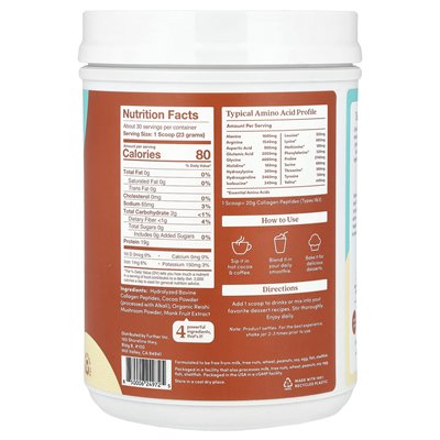 Dalsze jedzenie, peptydy kolagenowe karmione trawą + grzyb Reishi, czekolada, 1,8 funta (690 g)