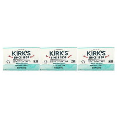 Kirks, 100% Premium Oliwa Kokosowa Łagodny Mydło z Castille, Bezzapachowe, 3 Bary, 4 uncji (113 g) każdy