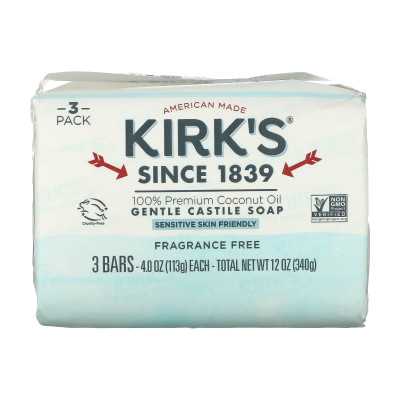 Kirks, 100% Premium Oliwa Kokosowa Łagodny Mydło z Castille, Bezzapachowe, 3 Bary, 4 uncji (113 g) każdy