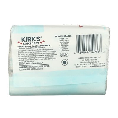 Kirks, 100% Premium Oliwa Kokosowa Łagodny Mydło z Castille, Bezzapachowe, 3 Bary, 4 uncji (113 g) każdy