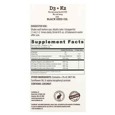 Gurunanda, D3 + K2, olej z nasion czarnego, 2 fl oz (59 ml)
