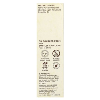 Gurunanda, 100% czysty i naturalny olejek eteryczny, trawa cytrynowa, 0,5 fl oz (15 ml)