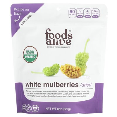 Żywność żywa, organiczne białe morwy, suszone, 8 uncji (227 g)