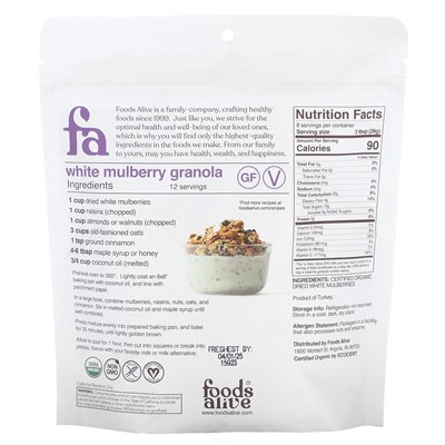 Żywność żywa, organiczne białe morwy, suszone, 8 uncji (227 g)