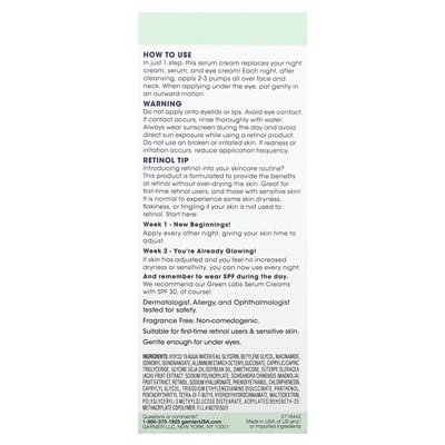 Garnier, Green Labs, Super Smoothing Cream Serum, Retinol-Breer, parfümfrei, 1,7 fl oz (50 ml)
