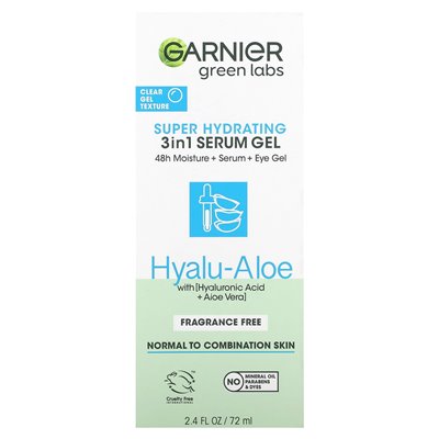 Garnier, Green Labs, Super Hydrating 3 w 1 żel w surowicy, Hyalu-Aloe, bez zapachu, 2,4 fl oz (72 ml) Garnier, Green Labs, Super Hydrating 3 w 1 żel w surowicy, Hyalu-Aloe, bez zapachu, 2,4 fl oz (72 ml)