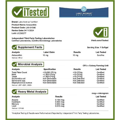 Lake Avenue Nutrition, Astaxanthin, 10 mg, 120 wegetariańskich softgels Lake Avenue Nutrition, Astaxanthin, 10 mg, 120 wegetariańskich softgels