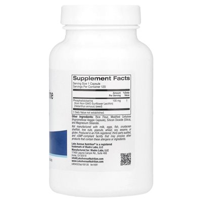 Lake Avenue Nutrition, słonecznikowy fosfatydyloseryna, 100 mg, 120 kapsułek wegetariańskich