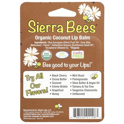 Sierra pszczoły, organiczne balsamy do ust, kokos, 4 paczki, 0,15 uncji (4,25 g)
