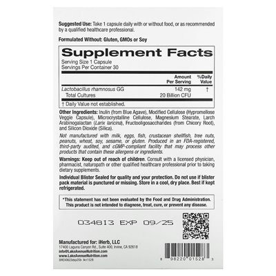 Lake Avenue Nutrition, Digestive Support, Probiotic, Probiotic & Prebiotic Blend, 20 Billion CFU, 30 Vegetarian Capsules