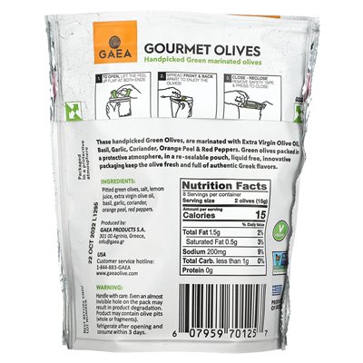 Gaea, Gourmet-Oliven, handverlesene grüne marinierte Oliven, 4,2 oz (120 g)