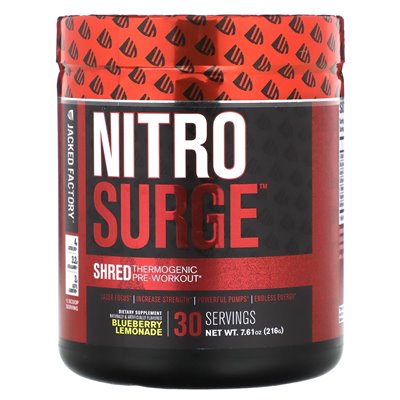 Jacked Factory, Nitro Surge, Shred Thermogenic Pre -tationout, Lemonade Blueberry, 7,61 uncji (216 g)