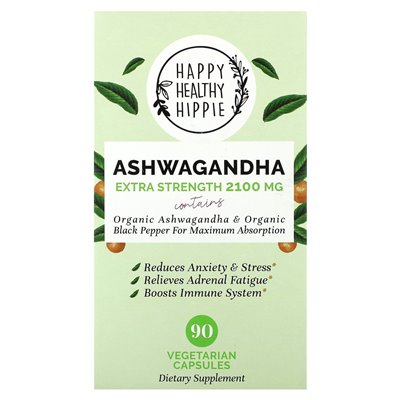 Szczęśliwy zdrowy hipis, Ashwagandha, dodatkowa siła, 2100 mg, 90 kapsułek wegetariańskich