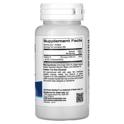Lake Avenue Nutrition, witamina D3, 25 mcg (1000 IU), 360 softgels Lake Avenue Nutrition, witamina D3, 25 mcg (1000 IU), 360 softgels