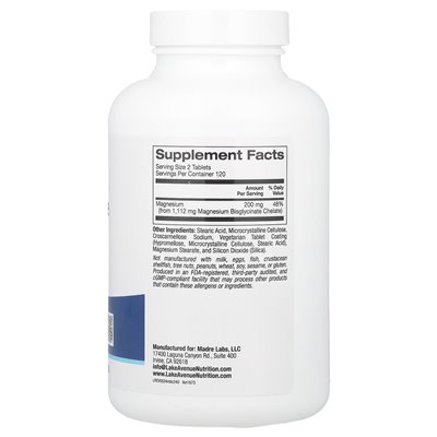 Lake Avenue Nutrition, Magnesium Bisglycinate Chelate with Traacs®, 200 mg, 240 tablets (100 mg per tablet)