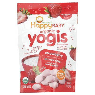 Happy Family Organics, Happy Baby, Organic Yogis, Freeze Suszone jogurt i przekąski owocowe, truskawki, 1 uncja (28 g)