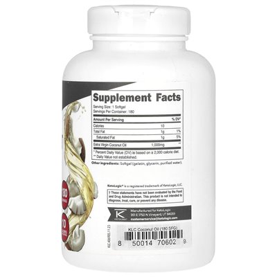 Olej kokosowy ketologiczny, Extra Virgin, 1000 mg, 180 miękkich