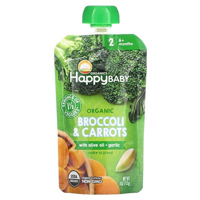 Happy Family Organics, Happy Baby, 6+ miesięcy, ekologiczne brokuły i marchew z oliwą z oliwek + czosnek, 4 uncje (113 g)