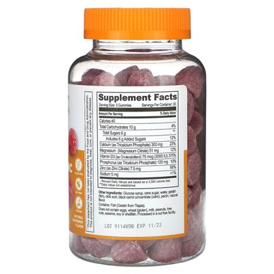 Żywle, wapń, magnez i cynk + witamina D3, naturalne malinę, 90 gumzy