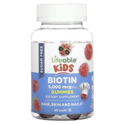 Lifeable, Żelki biotynowe dla dzieci, bez cukru, naturalna malina, 5000 mcg, 60 żelek (2500 mcg w żelu)