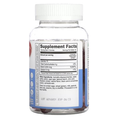 Lifeable, Żelki biotynowe dla dzieci, bez cukru, naturalna malina, 5000 mcg, 60 żelek (2500 mcg w żelu)