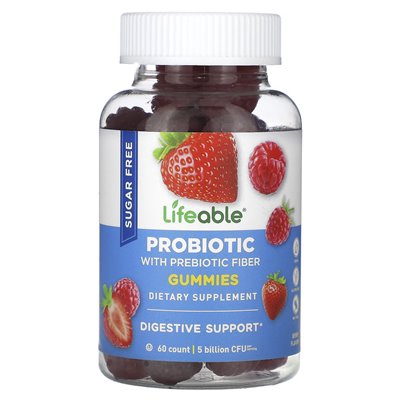 Probiotic with Prebiotic Fiber Gels, Sugar Free, Berries, 5 Billion, 60 Gummies (2.5 Billion CFU Per Gum)