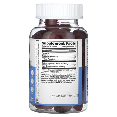 Probiotic with Prebiotic Fiber Gels, Sugar Free, Berries, 5 Billion, 60 Gummies (2.5 Billion CFU Per Gum)