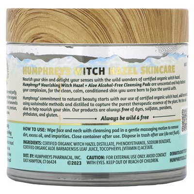 Humphreys, Witch Hazel, Nourishing Cleaning Pads, Alcohol Free, 60 Biodegradable Pads