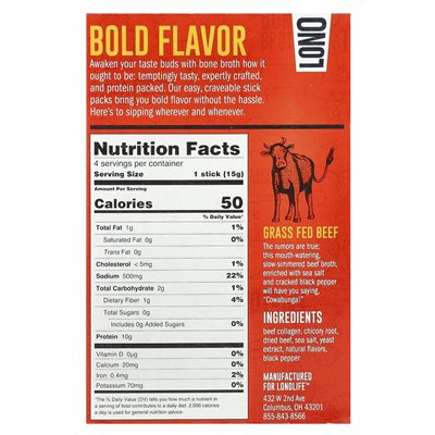 Lonolife, sipping, bone broth, grass-fed beef, 4 packs, 0.53 oz (15 g)