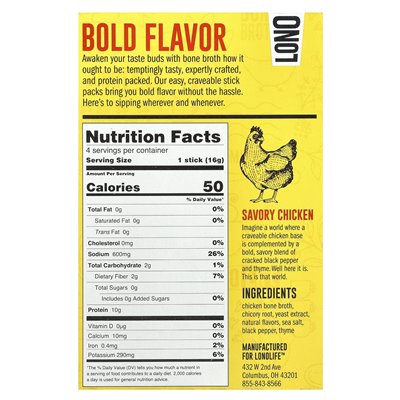 Lonolife, Sipping Bone Broth, würziges Huhn, 4 einzelne Sticks, je 0,56 oz (16 g)