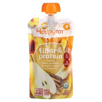 Happy Family Organics, Happy Tot, Fibre &amp Protein, Etap 4, Organic Pears, Peaches, Pumpkin, Jabłka i Cynamon, 4 uncje (113 g)