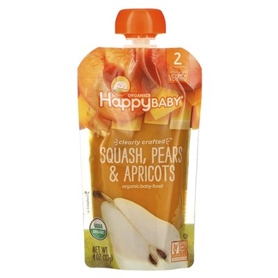 Happy Family Organics, Happy Baby, Organiczne jedzenie dla niemowląt, 6 + miesiące, squash, gruszki i morele, 4 uncje (113 g)