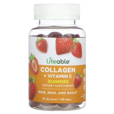 Vitally, Collagen + Vitamin C, Natural Strawberry, 100mg, 60 Gummies (50mg per gummy)