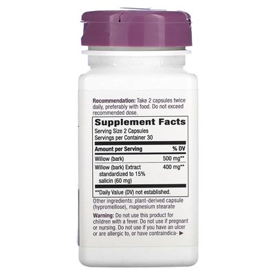 Nature's Way, Ekstrakt Premium z wierzby, 400 mg, 60 kapsułek wegańskich (200 mg na kapsułkę)