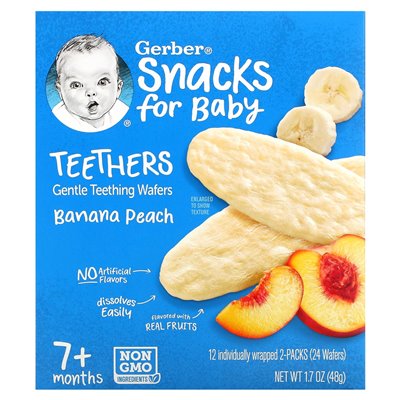 Gerber, przekąski dla dziecka, zęby, delikatne ząbki, ponad 7 miesięcy, brzoskwinia bananowa, 12 indywidualnie owinięte 2 paczki