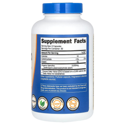 Nutricost, Spirulina, 3000 mg, 180 kapsułek (500 mg na kapsułkę)