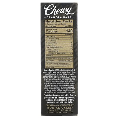 Kodiak Cookies, Chewy Granola, Chocolate Chip, 5 Bars, 1.23 oz (35 g)