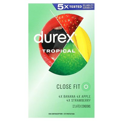 Durex, tropikalne, bliskie dopasowanie, 12 prezerwatyw lateksowych