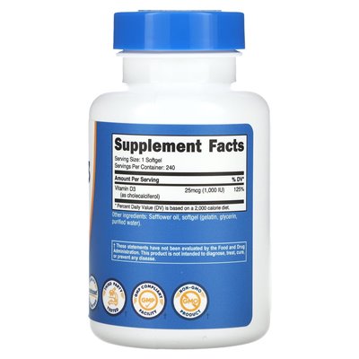 Nutricost, witamina D3, 1000 IU, 240 softgels