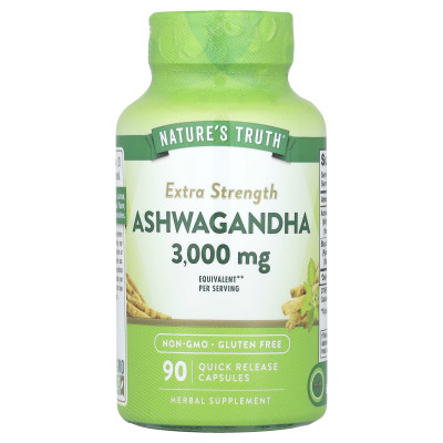Nature's Truth, Ashwagandha o dodatkowej mocy, 3000 mg, 90 kapsułek o szybkim uwalnianiu (1500 mg na kapsułkę) Nature's Truth, Ashwagandha o dodatkowej mocy, 3000 mg, 90 kapsułek o szybkim uwalnianiu (1500 mg na kapsułkę)