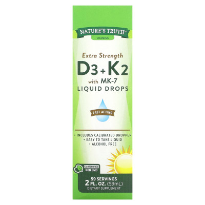 Nature's Truth, dodatkowa siła D3 + K2 z kroplami płynnymi MK-7, 2 fl oz (59 ml) Nature's Truth, dodatkowa siła D3 + K2 z kroplami płynnymi MK-7, 2 fl oz (59 ml)