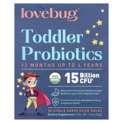 Probiotyki LoveBug, Probiotyki Toddlera, 12 miesięcy do 4 lat, 15 miliardów CFU, 30 opakowań z pojedynczym serwowaniem, 0,06 unc