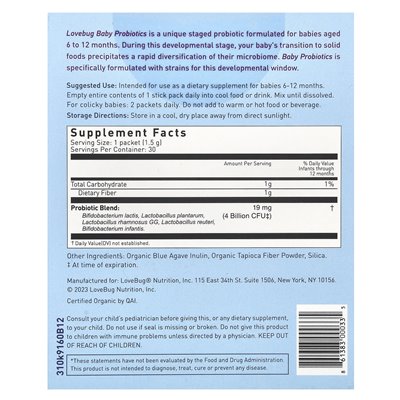 LoveBug Probiotics, Baby Probiotics, 6-12 Months, 4 Billion CFU, 30 Single Serve Stick Packs