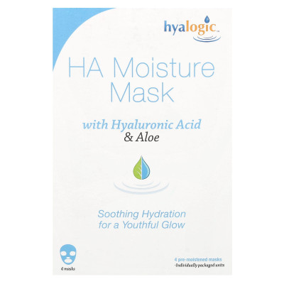 Hyaalogika, Feuchtigkeits-Schönheitsmaske mit Hyaluronsäure und Aloe Vera, parfümfrei, 4 Masken, je 23 g Hyaalogika, Feuchtigkeits-Schönheitsmaske mit Hyaluronsäure und Aloe Vera, parfümfrei, 4 Masken, je 23 g