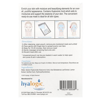 Hyaalogika, Hyaluronic Acid & Aloe Vera Moisture Beauty Mask, Fragrance Free, 4 Masks, 0.8oz Each